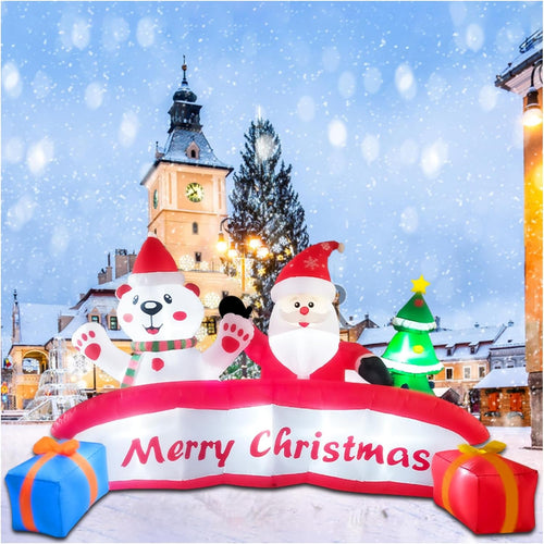 10 FT Inflatable Merry Christmas Banner Sign with Santa Claus Polar Bear Christmas Tree, Outdoor Inflatable