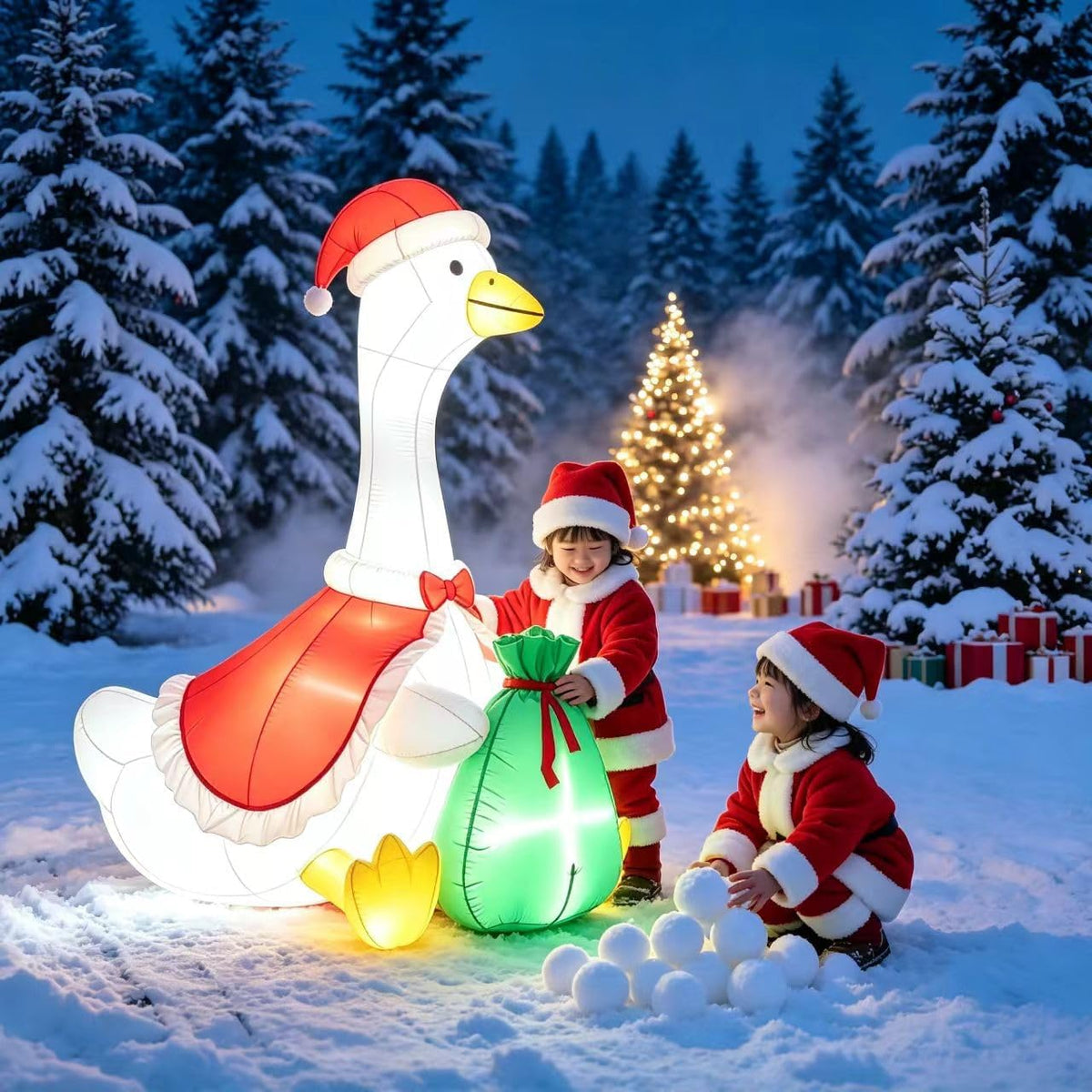 6 FT Christmas Inflatable White Goose with Santa Hat and Gift Bag, Built-in LED Lights, Blow Up Outdoor Yard