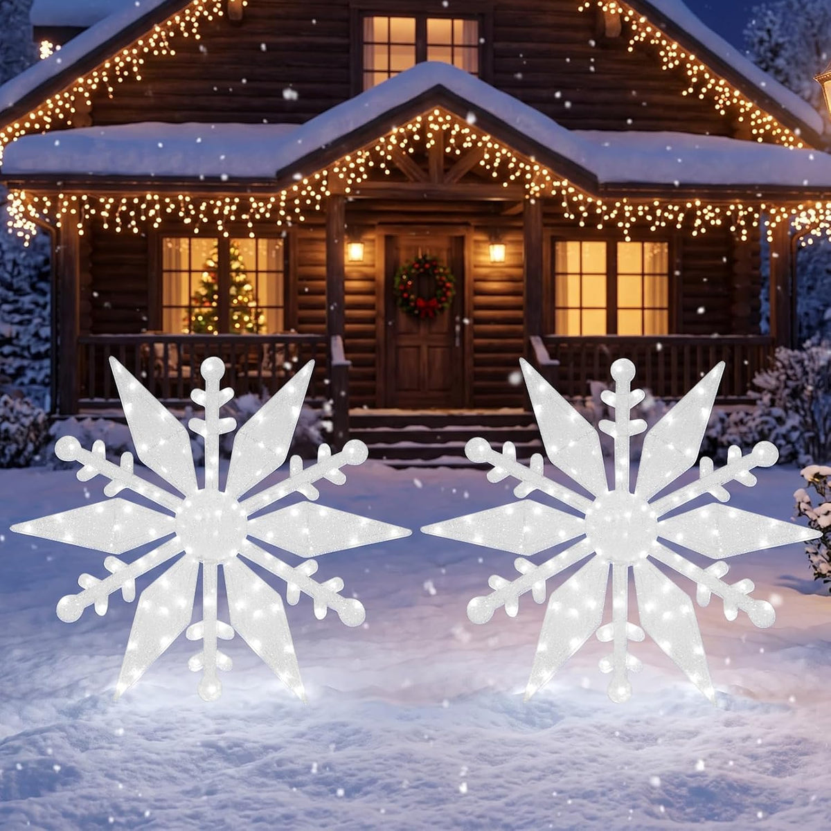 2 Pack 4FT Lighted Christmas Snowflake Decorations Outdoor – 220 LED Light Up Snowflakes, Freestanding or