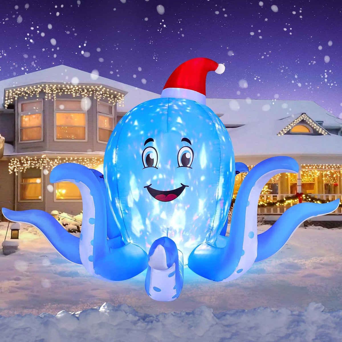 FunFanso 7 FT Christmas Inflatable Octopus Outdoor Decorations, Blow up Blue Octopus with Christmas Hat
