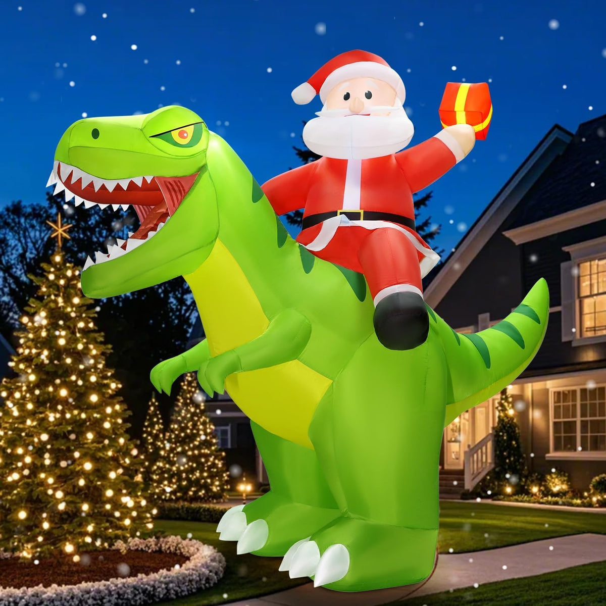 zukakii 9x8FT Christmas Inflatables Decoration Outdoor Santa Riding Giant Dinosaur Christmas Blow Up Yard
