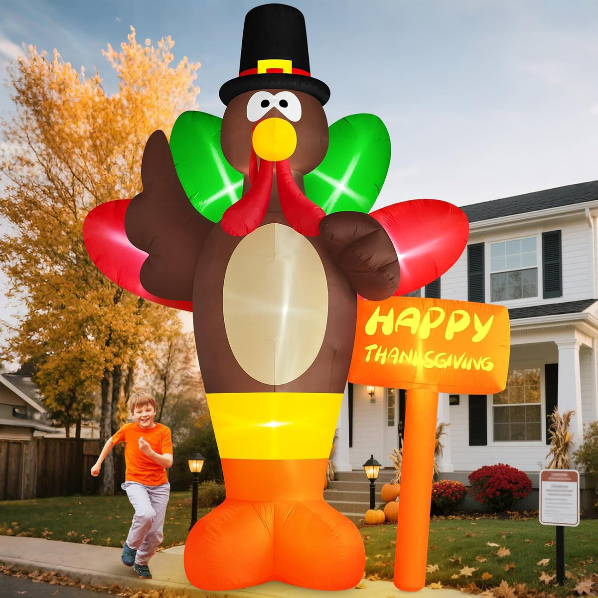 Danxilu Thanksgiving Inflatables 10 FT Giant Turkey Outdoor Decorations / Blow Up Pilgrim Turkey with Happy