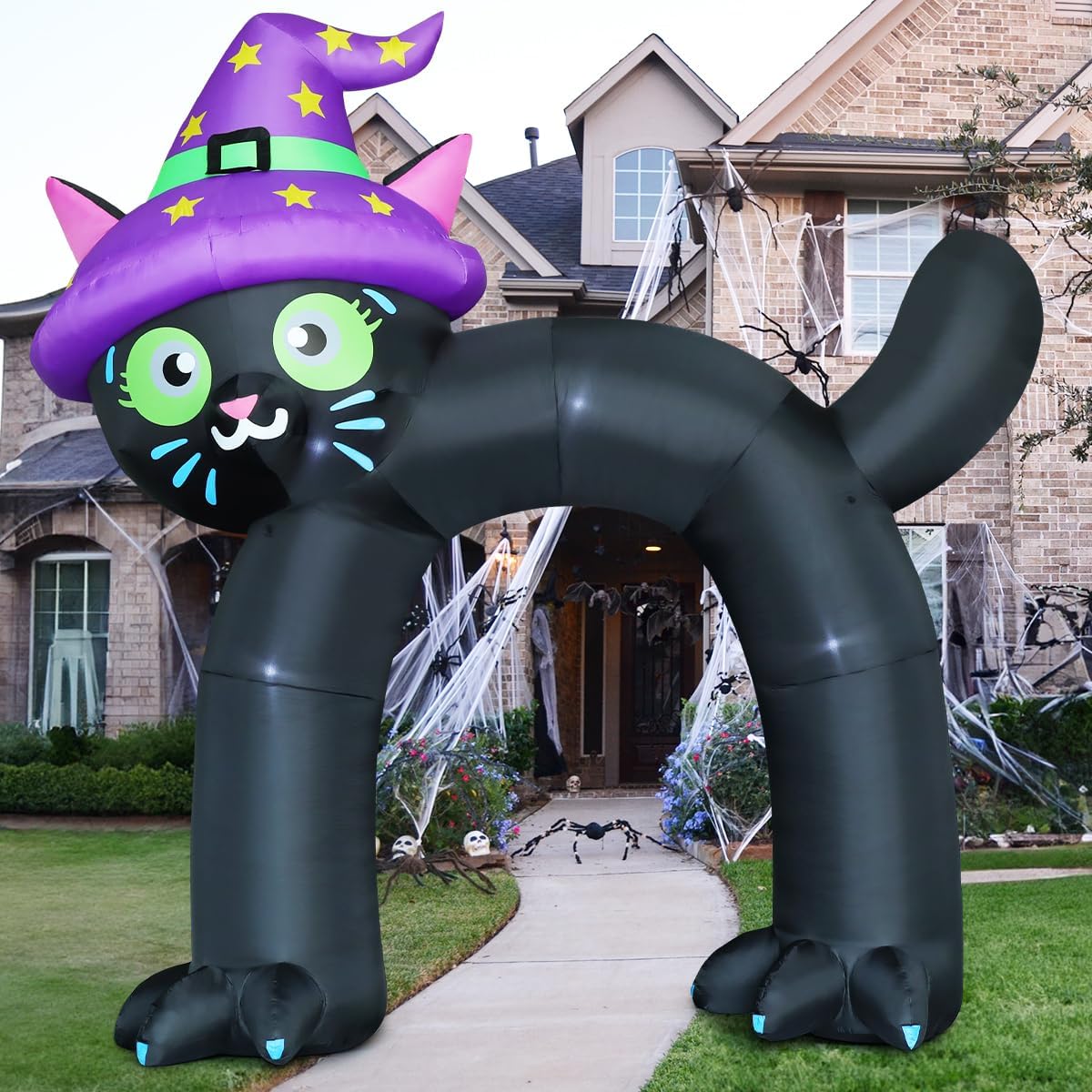 COMIN 14FT Halloween Inflatables Outdoor Decorations Black Cat Arch Blow Up Yard Decoration with Built-in LED