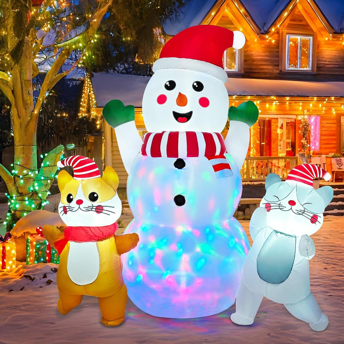 6FT Christmas Inflatables Snowman and Cat with Colorful Rotating Led Light / Waterproof & Fast Self