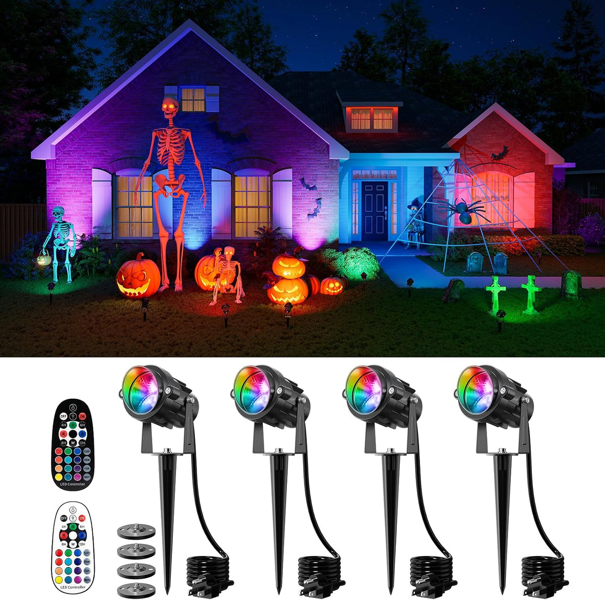 FALOVE 4 Pack Halloween RGB 120V Landscape Spot Light with Remote Control / Dual Bases for Versatile Instal
