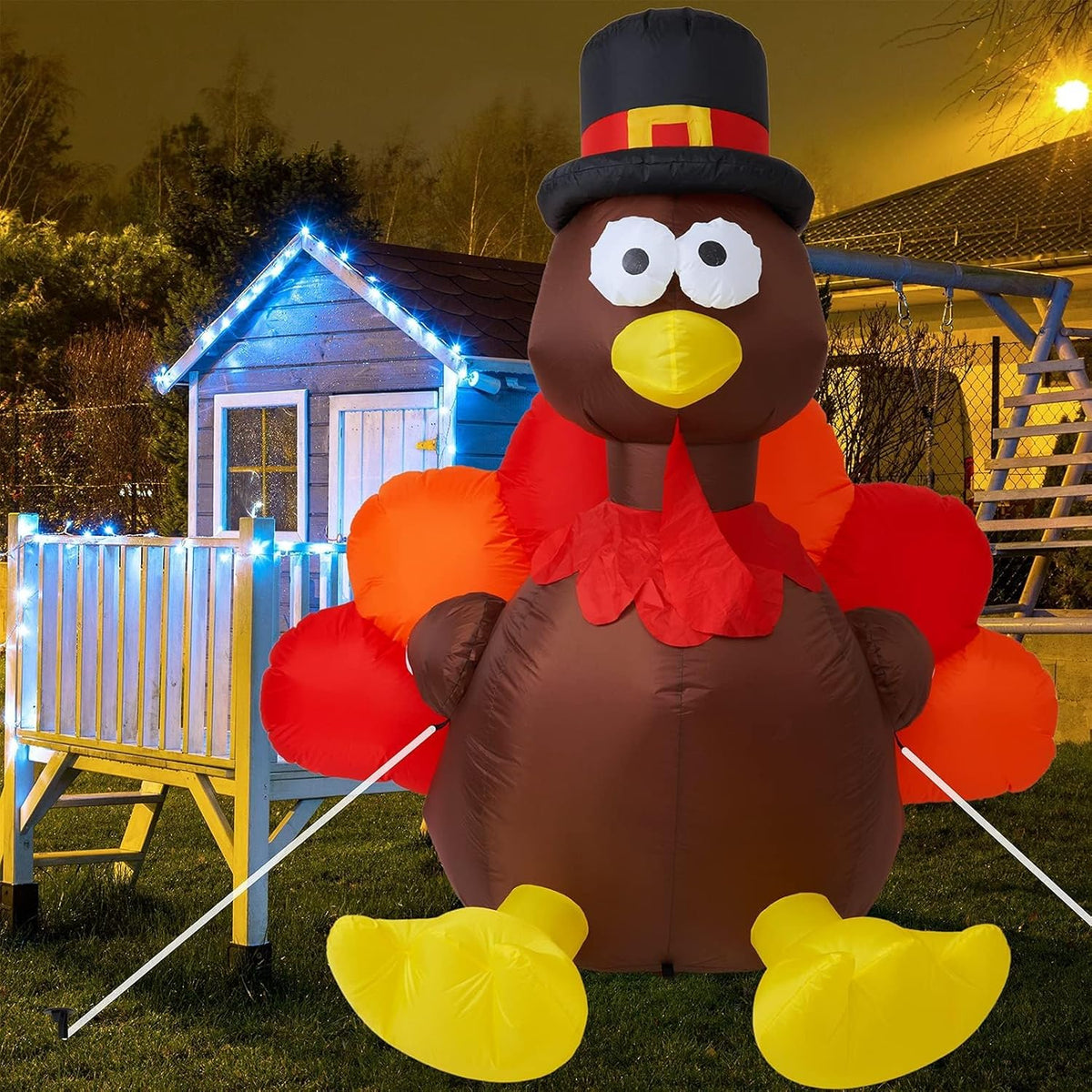 Takuvan Thanksgiving 6FT Inflatable Turkey with Pilgrim Hat Yard Decoration - LED Light Up Blow Up Turkey for