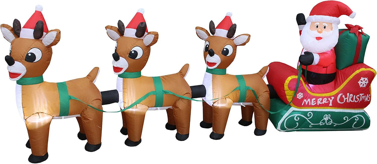 8 FT Lighted Christmas Inflatable Santa Claus Sleigh Three Reindeer Display / Outdoor Indoor Holiday