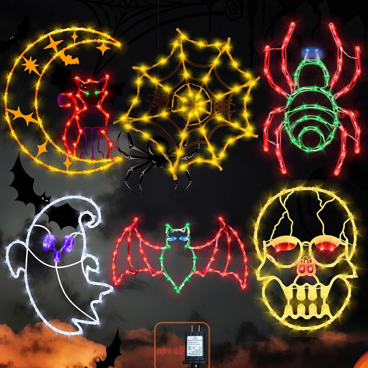 Halloween Decorations - 16" Halloween Window Silhouette Lights / 6 Pack Spider Web & Ghost & Bats & Skull