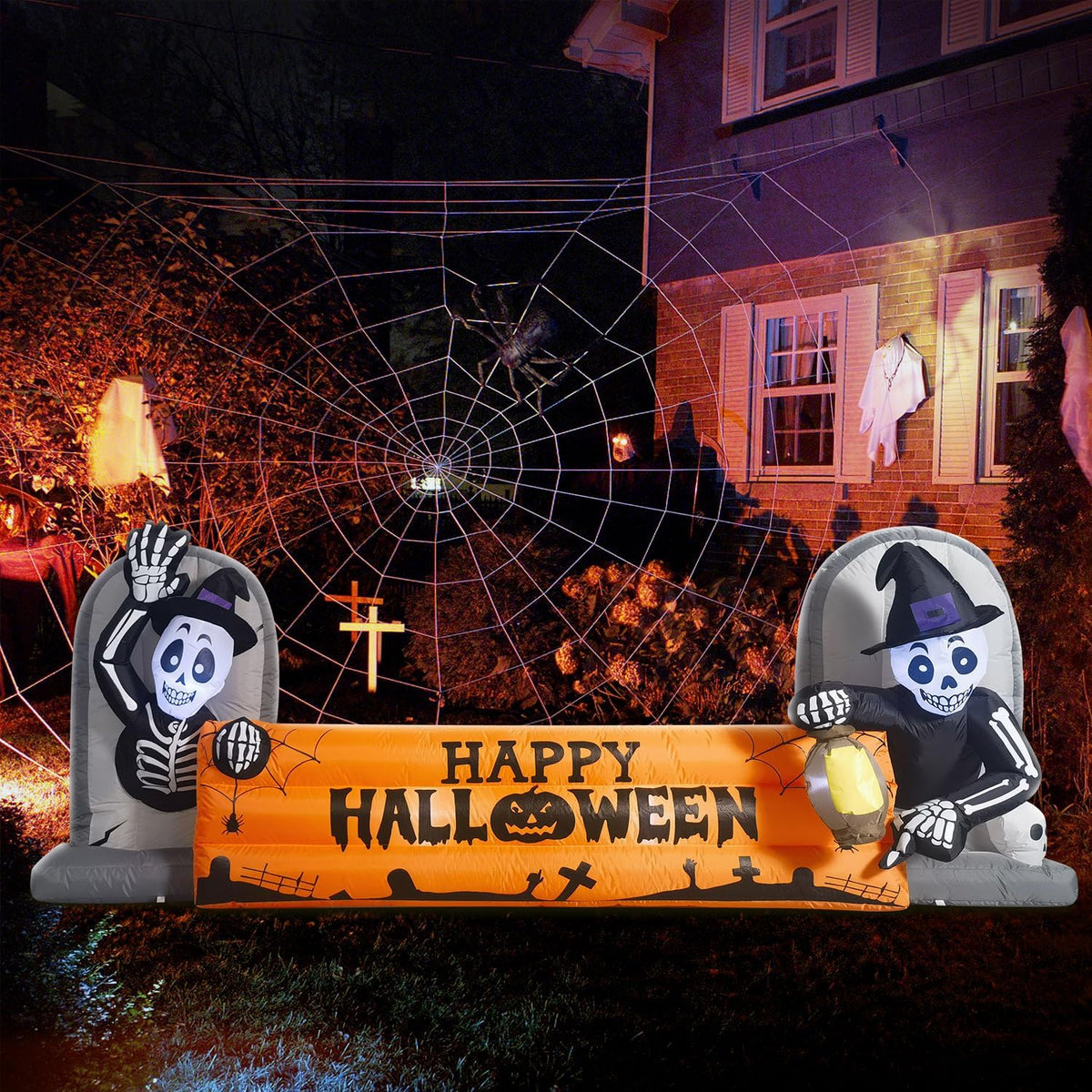 10FT Large Halloween Inflatable Decorations Skeleton Tombstone Banner, Build-in LED Lights Holiday Blow Up