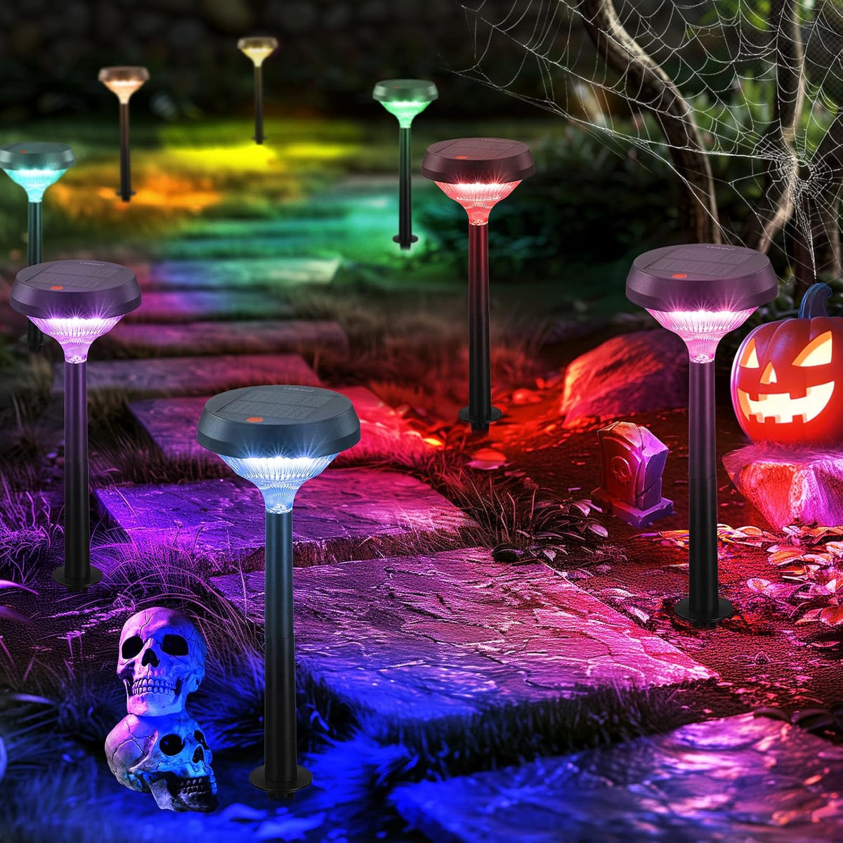 Linkind Solar Lights Outdoor 8 Pack, Color Changing Solar Pathway Lights / Halloween Lights, Multicolor/War