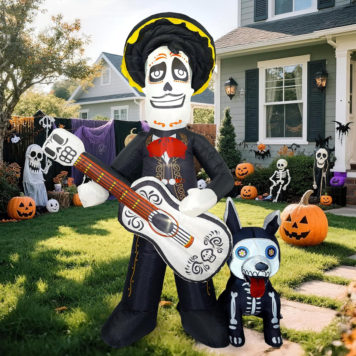 Dia De Los Muertos Decoration, 6 FT Halloween Inflatables Outdoor, Day of The Dead Spooky Sugar Skull Guitar