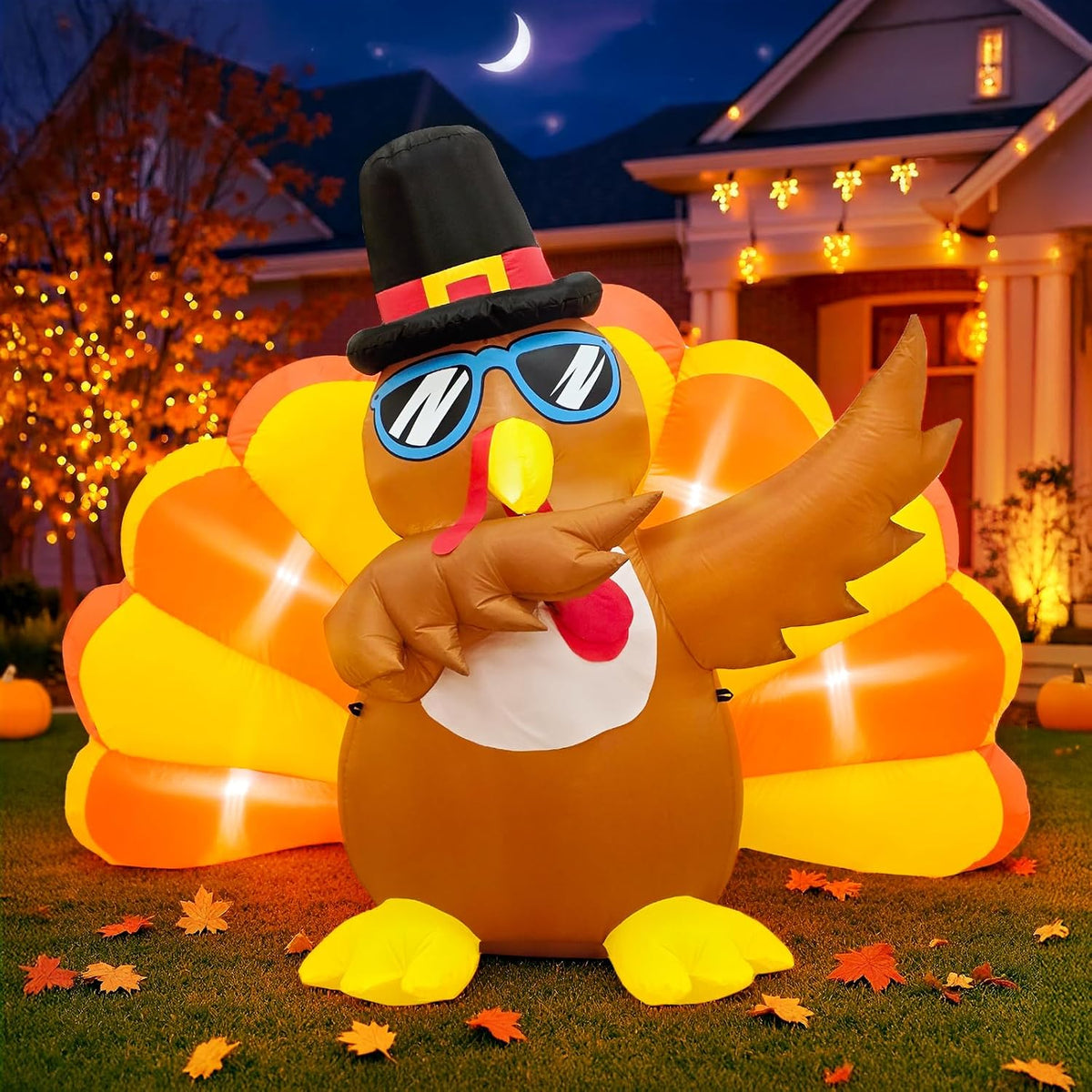 6FT Thanksgiving Inflatables Turkey, Outdoor Yard Decor with LED Lights / Funny Turkey with Sunglasses and