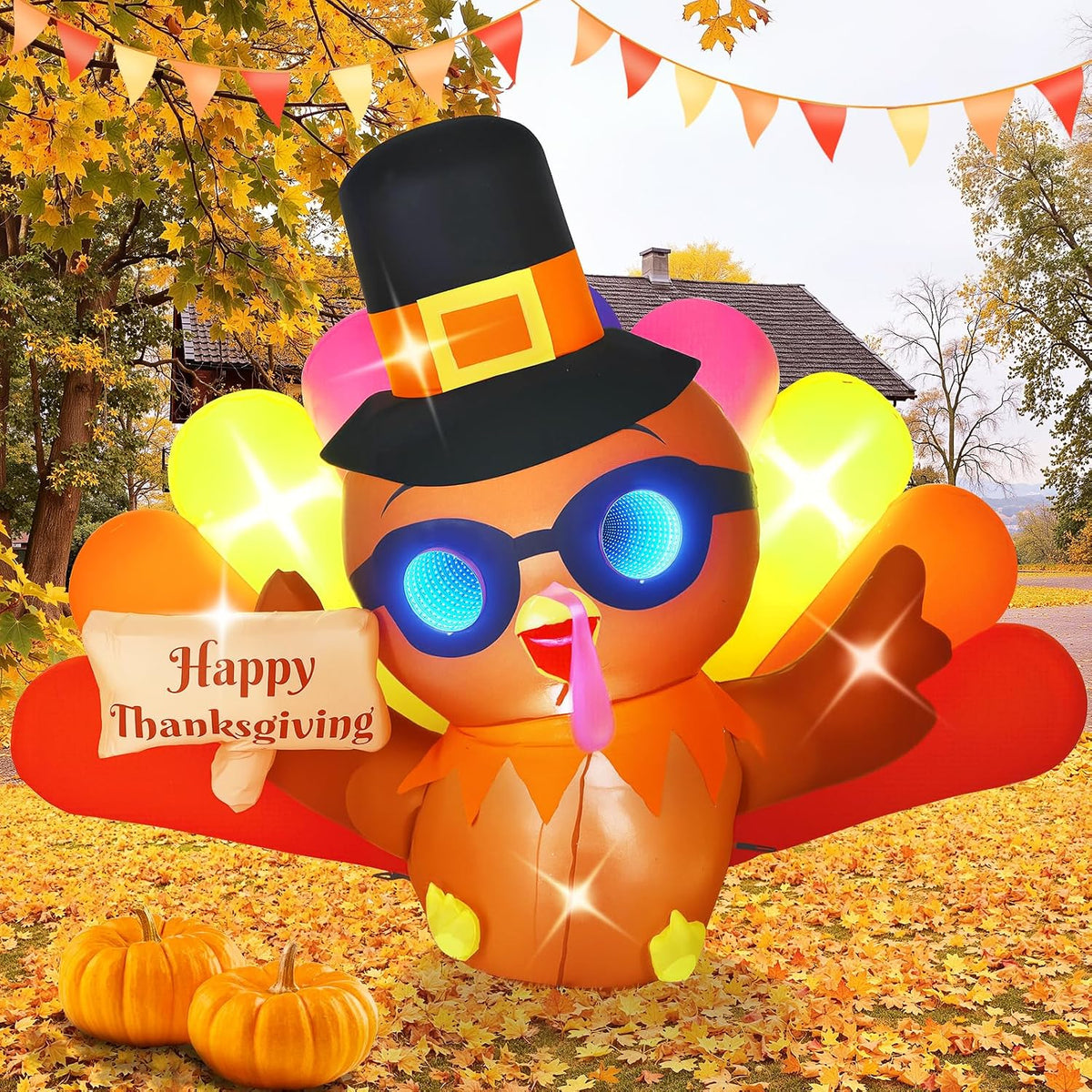 Elegear 6FT Thanksgiving Inflatables Funny Turkey with 3D Color-Changing Tunnel Lights, Blow Up Turkey with