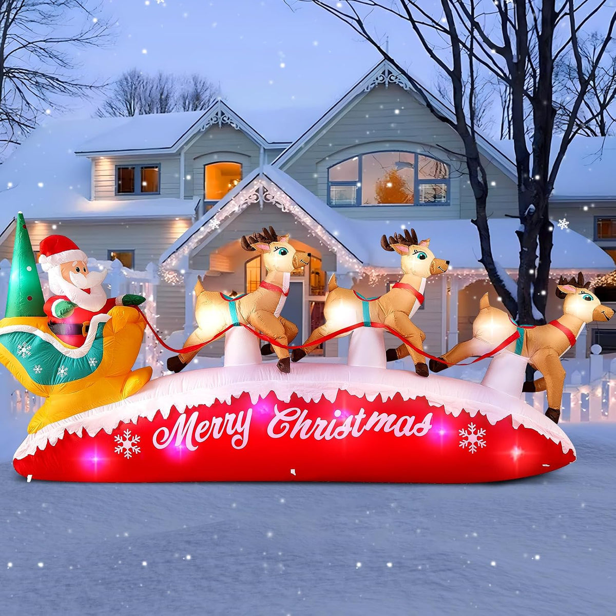 Danxilu Christmas Inflatables 10 FT Long Santa Sleigh and Reindeer Decor / Built-in Colorful LEDs, Inflatable