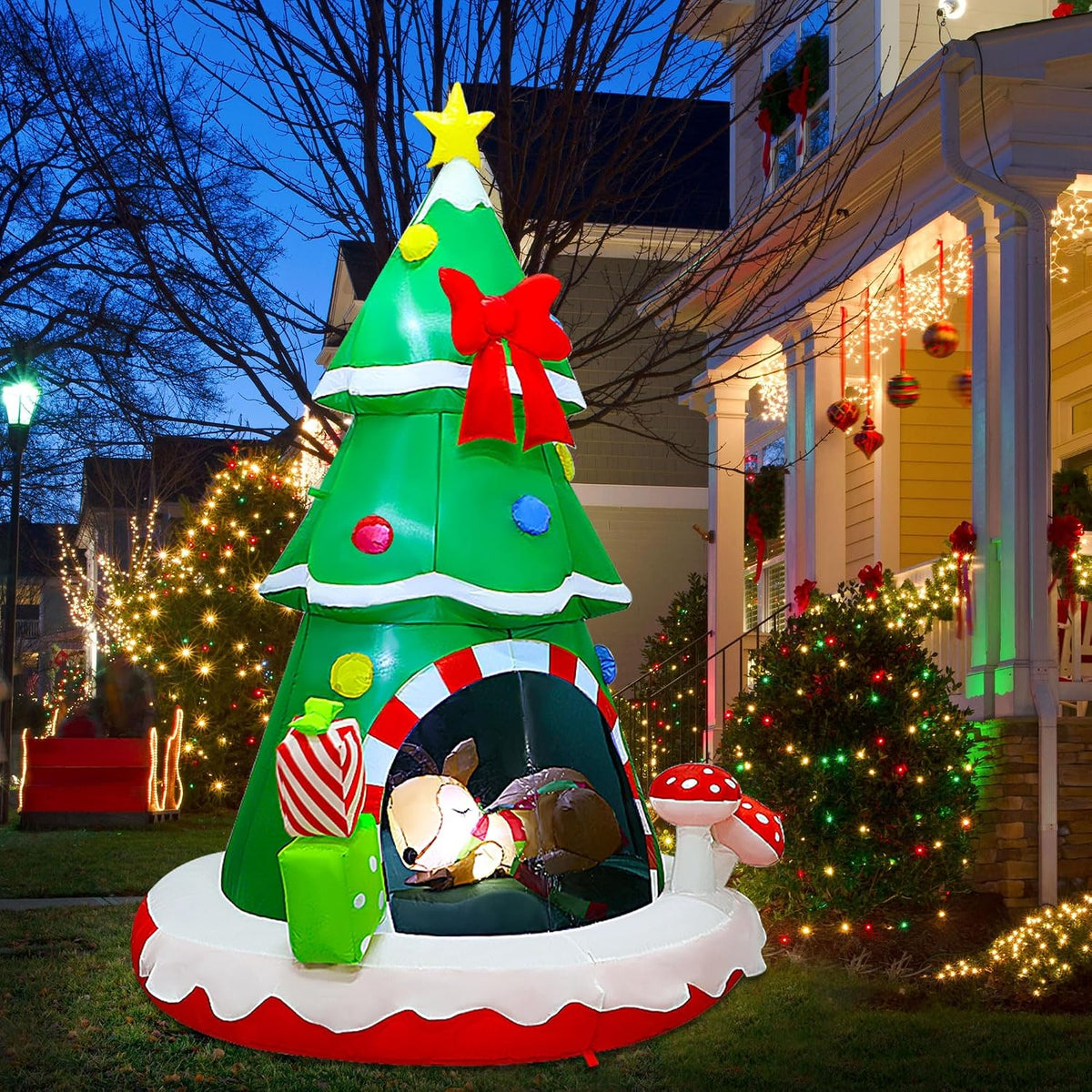 Joliyoou 7.2FT H Christmas Inflatable Decoration, Lighted Air-Blown / Christmas Tree Sleeping Inside A Deer,