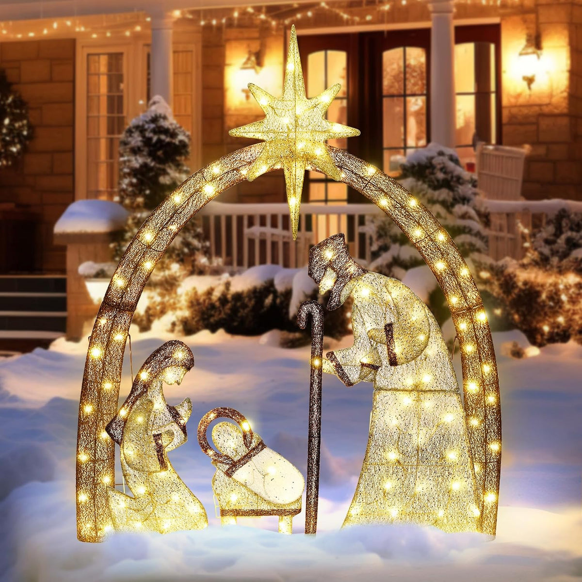 ATDAWN 4.5FT Christmas Outdoor Decorations, Lighted Outdoor Nativity Set with 115 LED Lights, Holy Family N